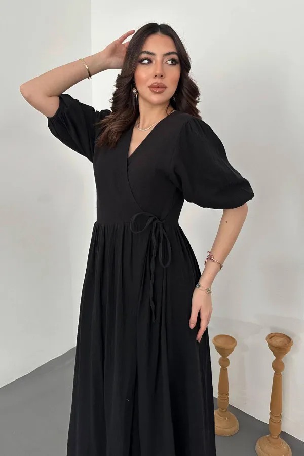 Robe longue noire en mousseline de mousseline en gros