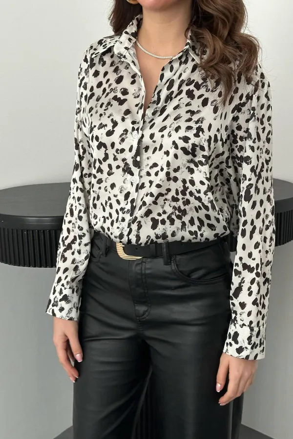 Toptan Ekru Leopar Desenli Saten Gömlek