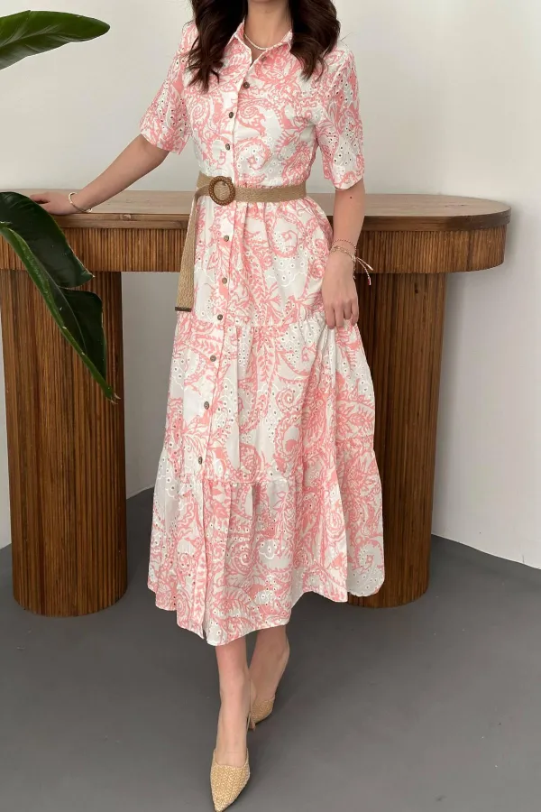 Toptan Pembe Brodeli Kolları Bağcıklı Elbise