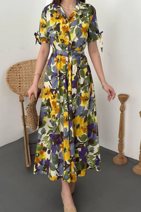 Toptan Mavi Desenli Uzun Pileli Elbise