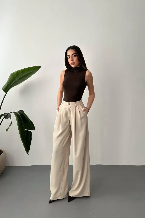 Pantalon confort plissé beige en gros