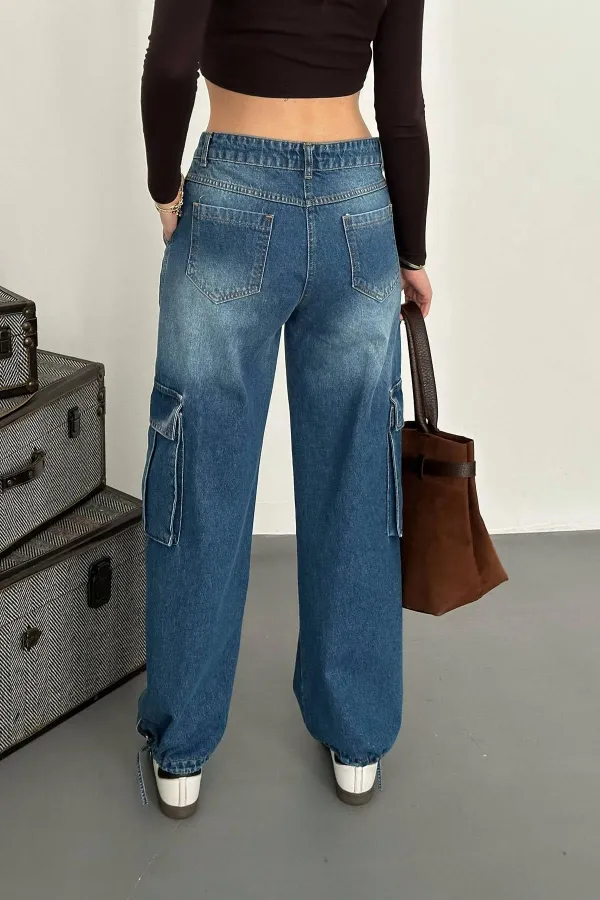 Toptan Mavi Yan Cepli Jeans Pantolon