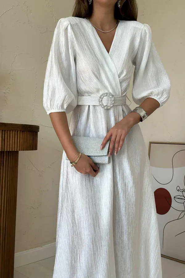 Toptan Beyaz Işıltılı Kemerli Kruvaze Elbise