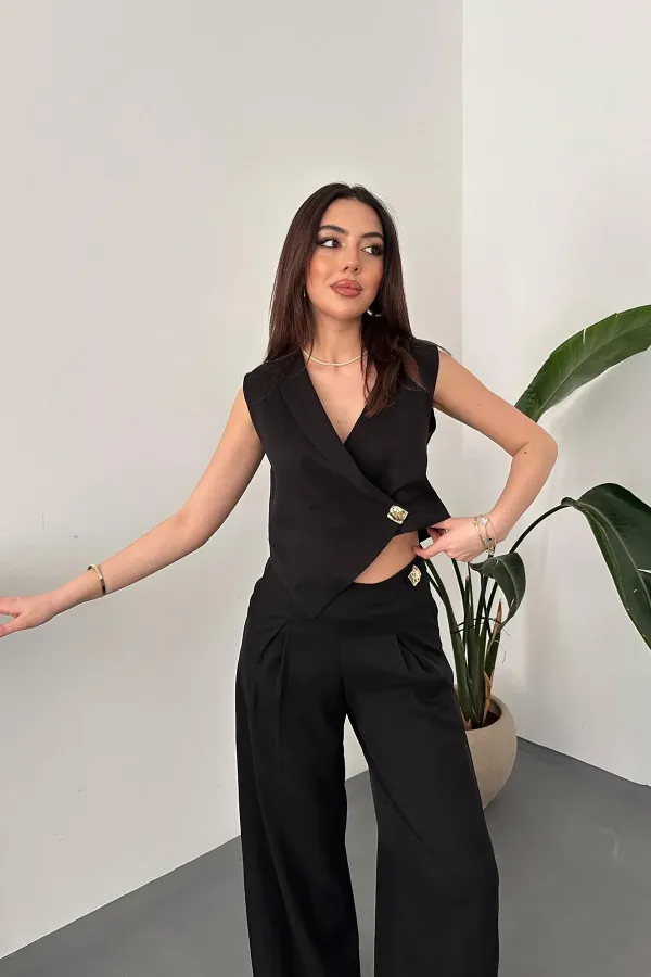 Wholesale Black Asymmetrical Vest and Pants Set