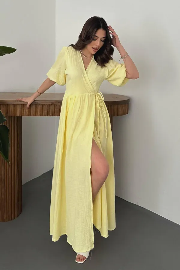 Robe longue jaune en mousseline de mousseline en gros
