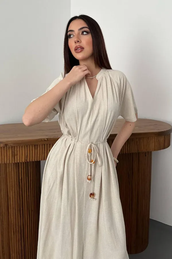 Toptan Bej Salaş Keten Elbise