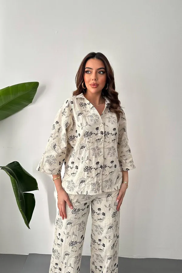 Toptan Bej Nakışlı Keten Takım