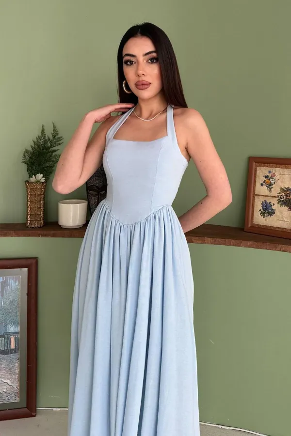 Toptan Mavi Boyundan Bağlamalı Keten Elbise