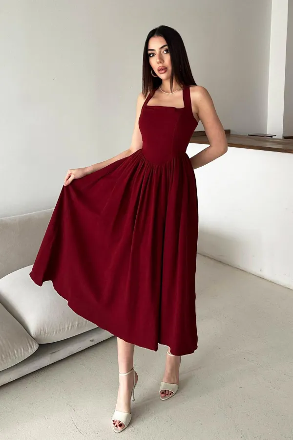 Robe en lin bordeaux à col licou en gros