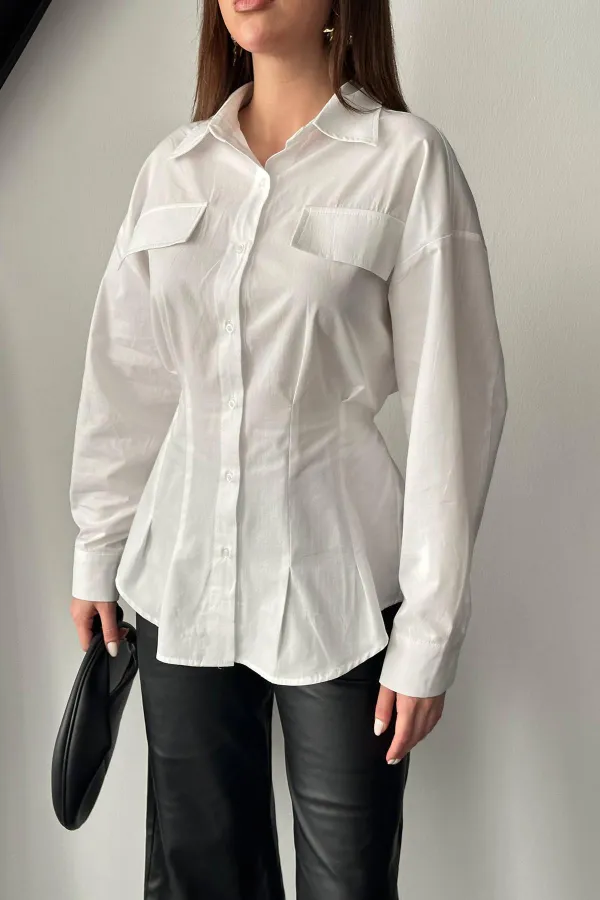 Toptan Beyaz Kapaklı Pileli Gömlek