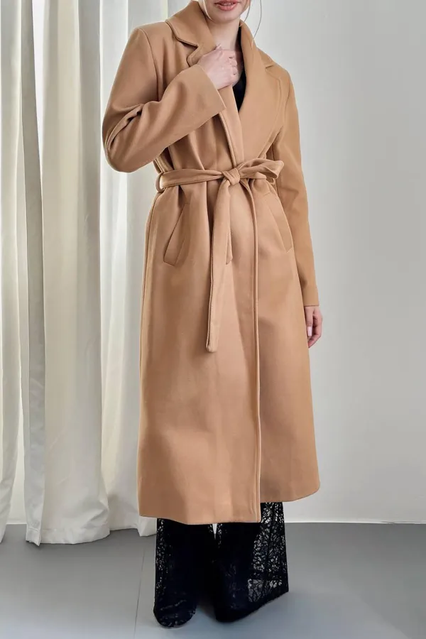 Toptan Camel Kuşaklı Midi Kaban