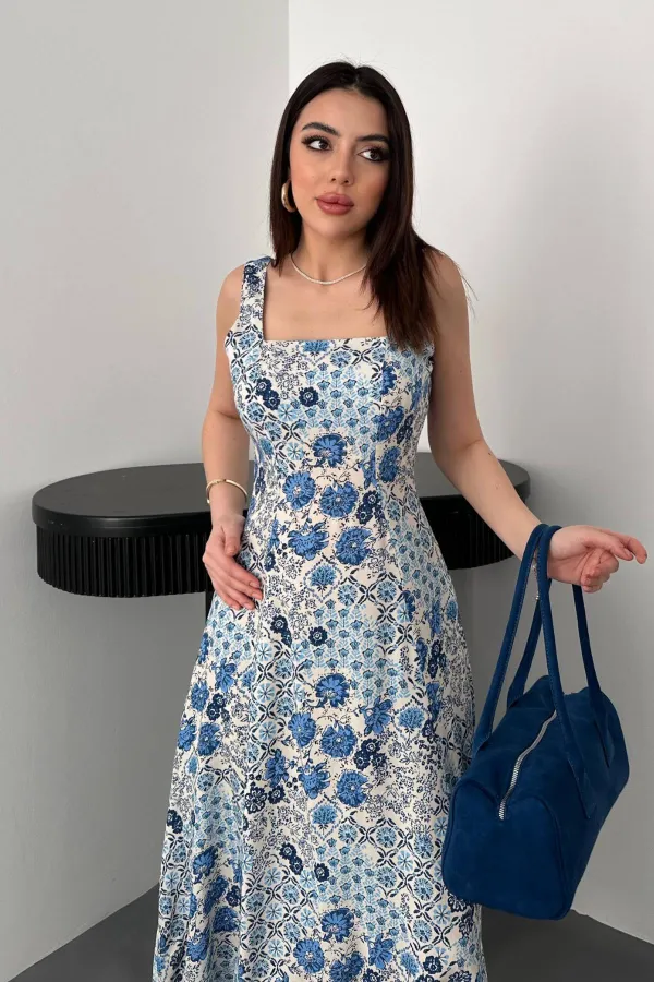 Toptan Mavi Çiçekli Viskon Elbise