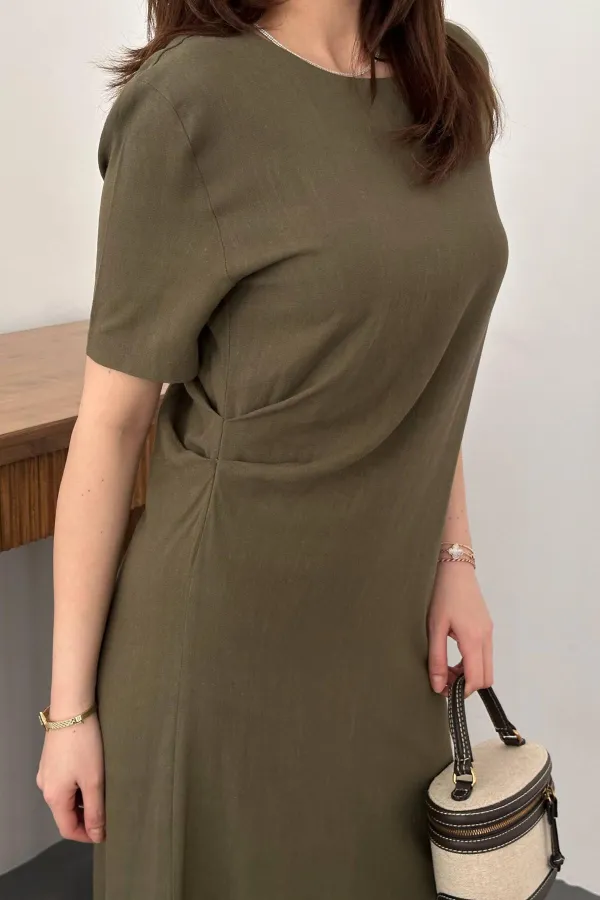 Toptan Haki Pileli Bisiklet Yaka Elbise