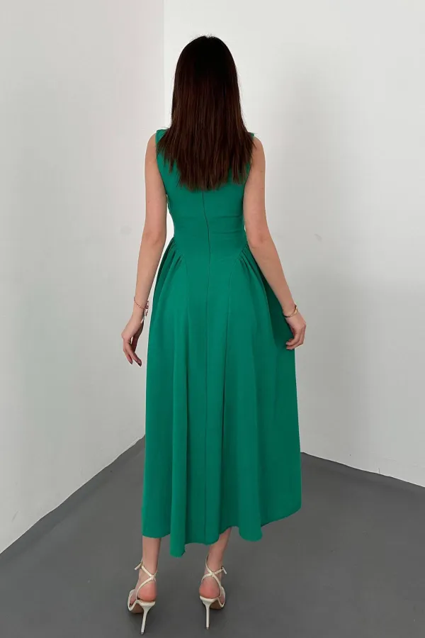 Toptan Yeşil Yanları Büzgülü Midi Boy Keten Elbise