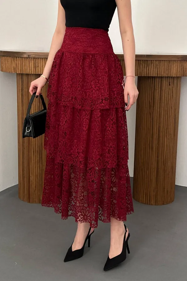 Jupe superposée en dentelle bordeaux en gros
