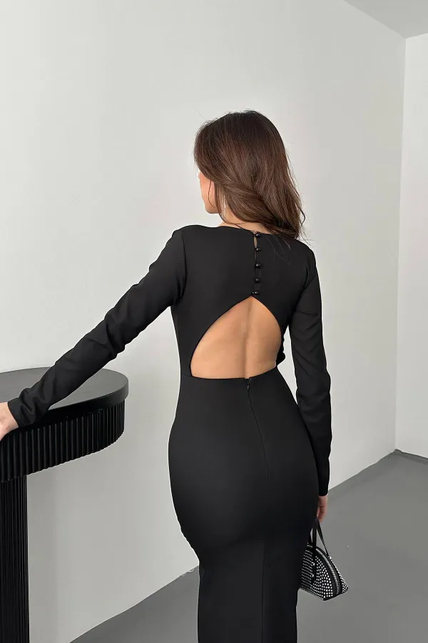 Toptan Siyah Sırt Dekolteli Elbise