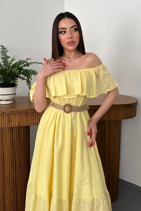 Robe brodée jaune à épaules élastiques en gros