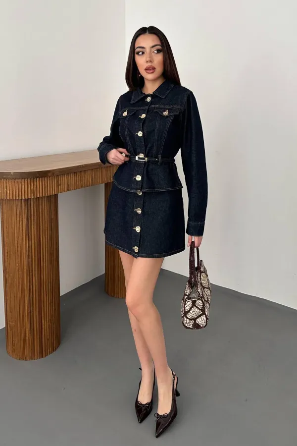 Toptan Mavi Gold Düğmeli Kot Ceket Ve Etek Takım