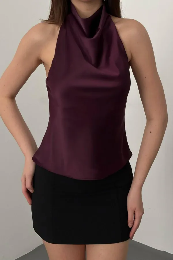 Toptan Bordo Degaje Saten Bluz