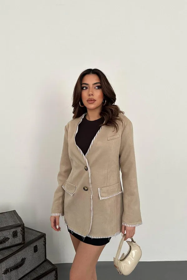 Wholesale Beige Striped Lined Garnished Suede Jacket