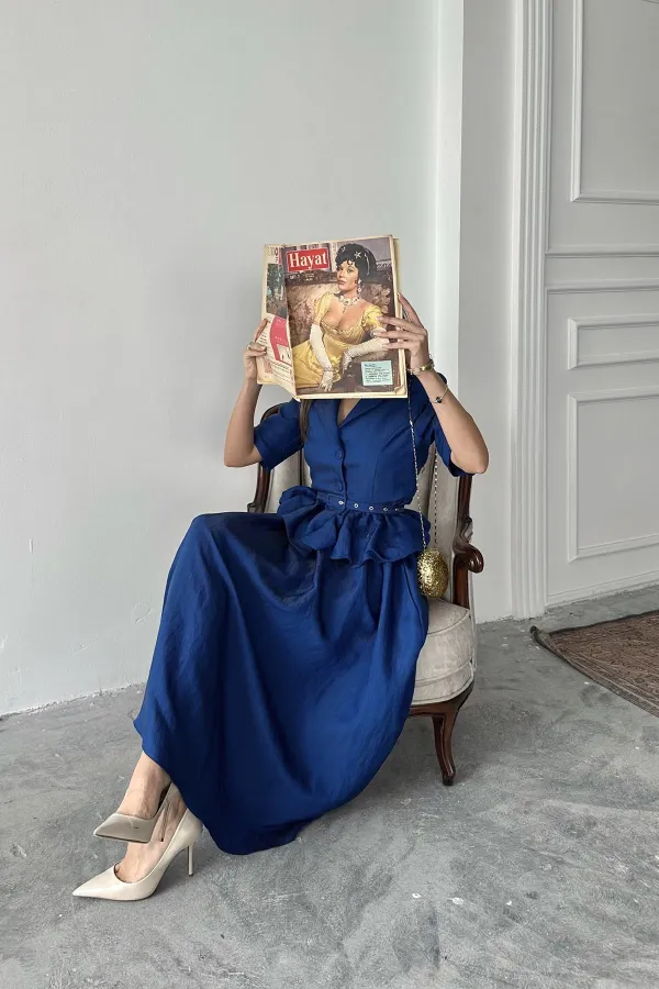 Ensemble veste à volants fine et jupe froncée bleu marine en gros