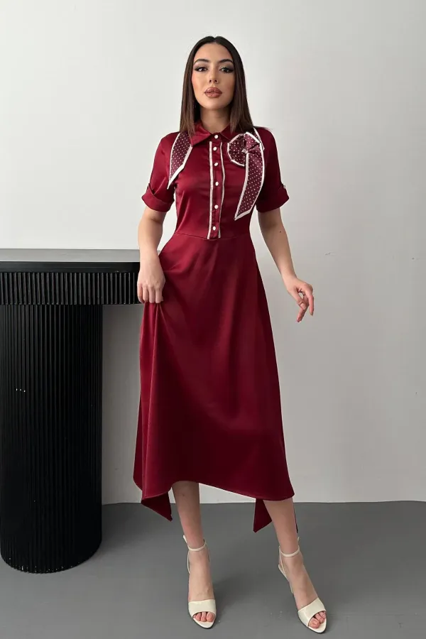 Toptan Bordo Fular Detaylı Saten Elbise