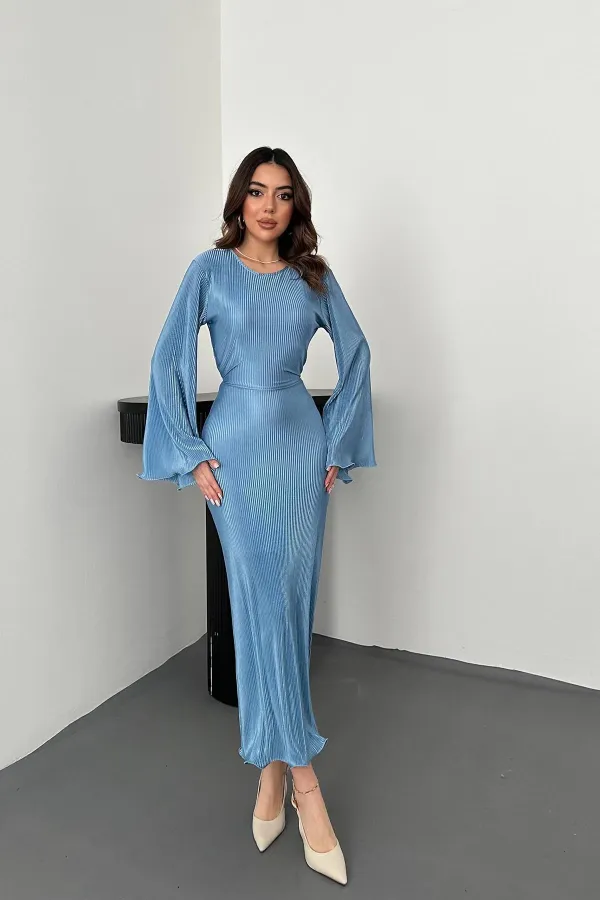 Robe plissée bleue à manches espagnoles en gros