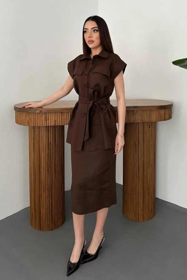 Toptan Kahverengi Cepli Gömlek Ve Etek Takım
