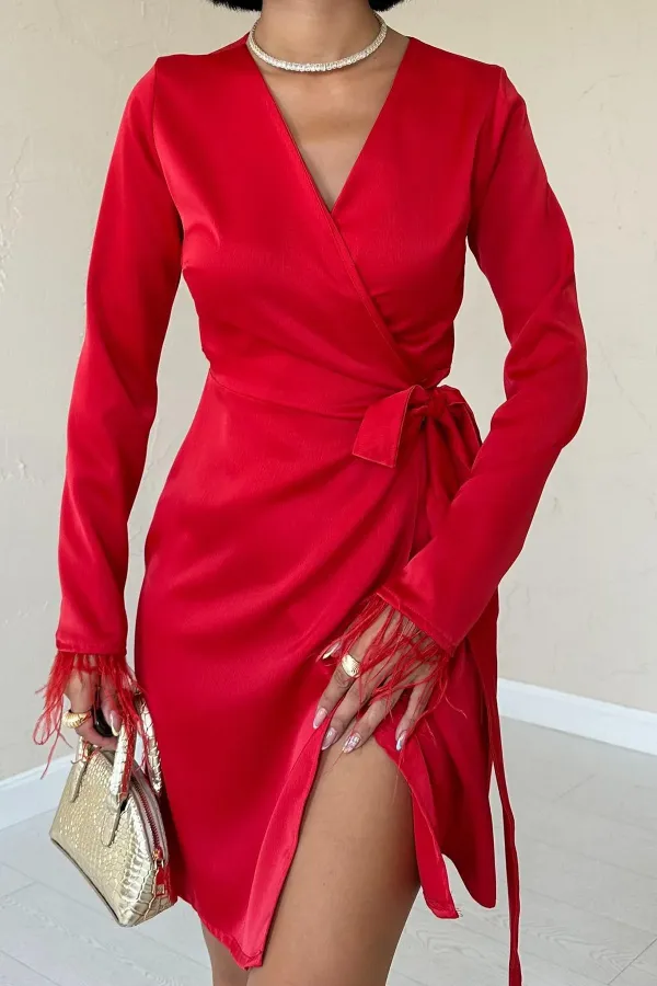 Robe en satin rouge à nouer sur le côté, vente en gros