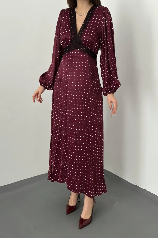 Toptan Bordo Saten Puantiyeli Dantel Detaylı Elbise