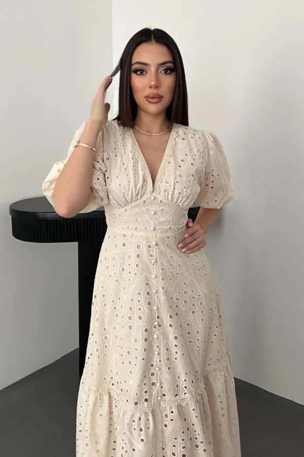 Wholesale Beige Ruffle Detailed Lace Embroidered Dress