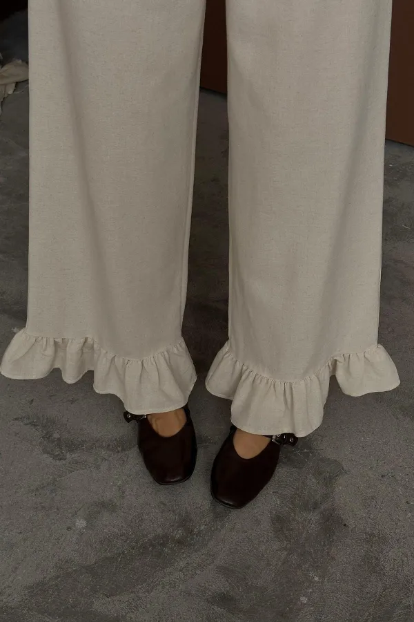 Toptan Bej Paçası Fırfırlı Keten Pantolon