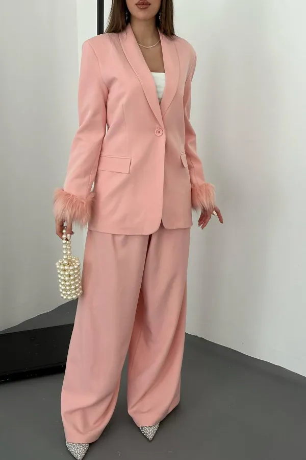 Toptan Pudra Kol Ucu Tüylü Ceket & Pantolon Takım