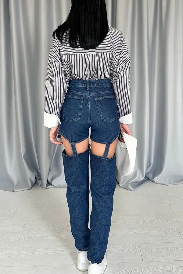 Toptan Mavi Askılı İki Parça Jeans Pantolon