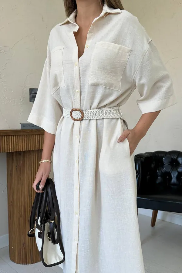 Toptan Bej Kemerli Elbise