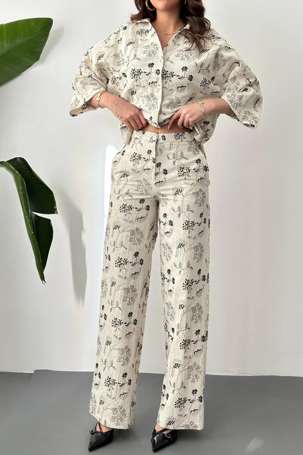 Toptan Bej Nakışlı Keten Takım