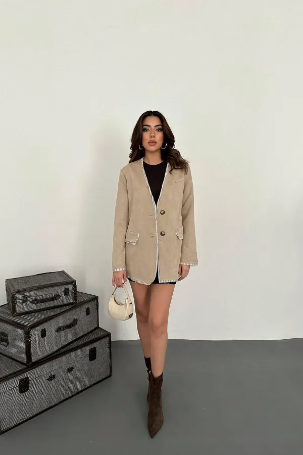 Wholesale Beige Striped Lined Garnished Suede Jacket