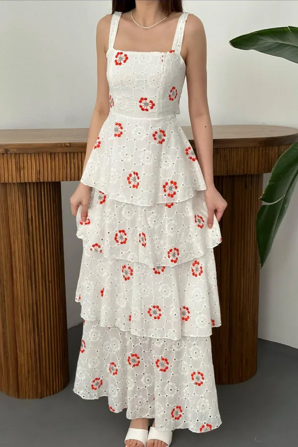 Toptan Kırmızı Korona Desenli Kat Kat Arkası Bağlamalı Elbise