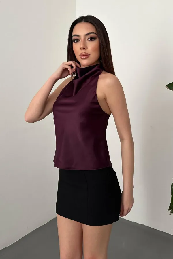 Toptan Bordo Degaje Saten Bluz