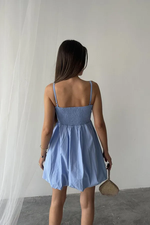 Toptan Mavi Önü Fiyonklu Askılı Elbise