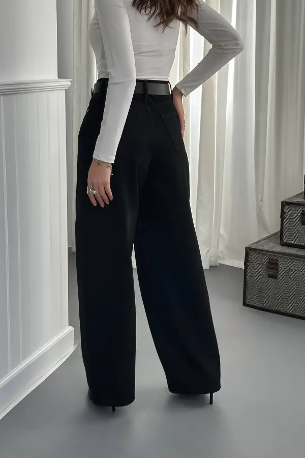 Toptan Siyah Geniş Paça Jeans Pantolon