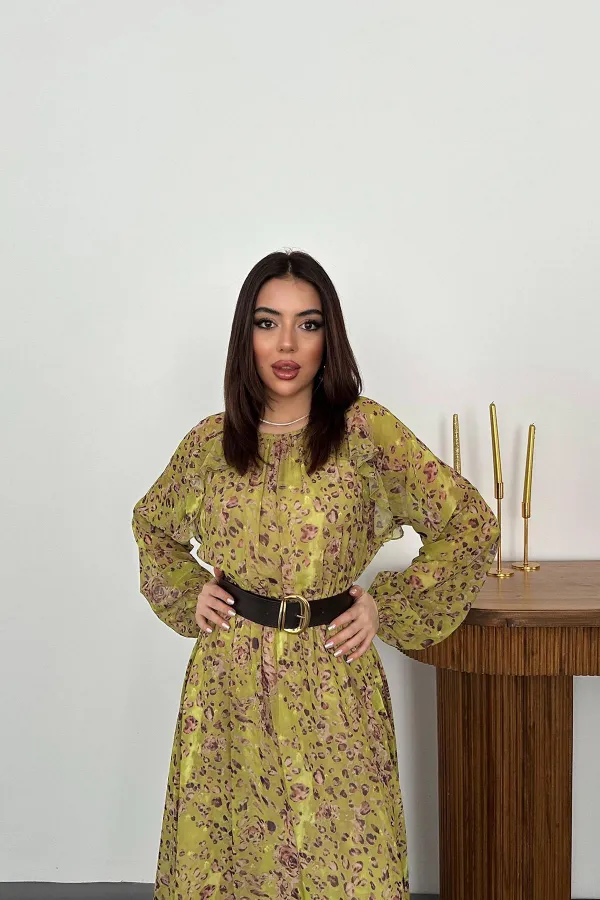 Toptan Yeşil Fırfırlı Şifon Elbise