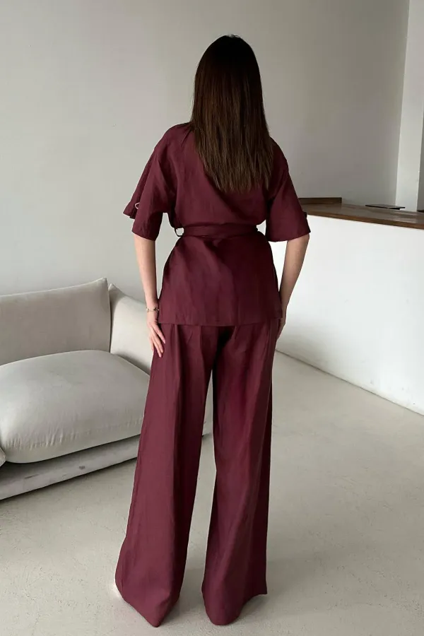 Toptan Bordo Keten Gömlekli Takım