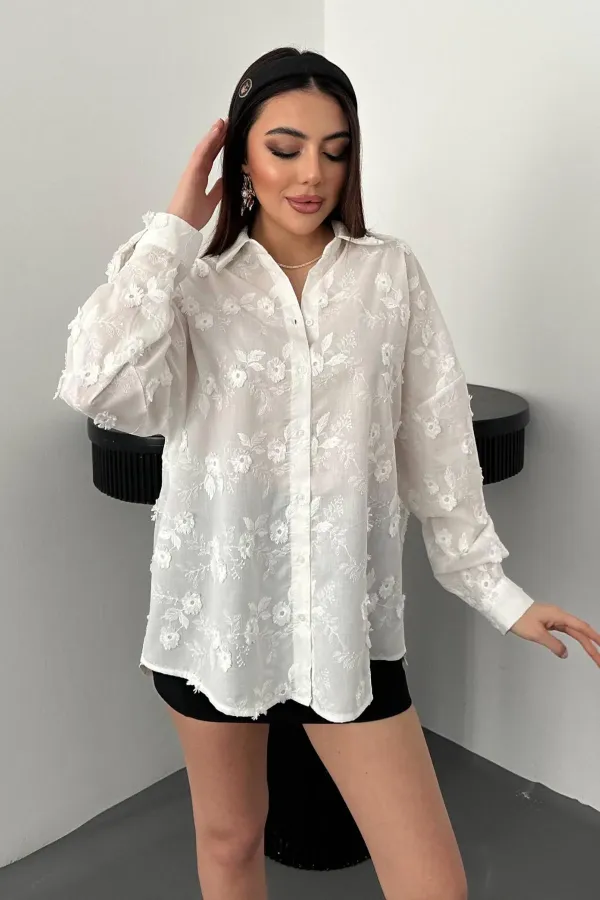 Toptan Beyaz Brodeli Gömlek