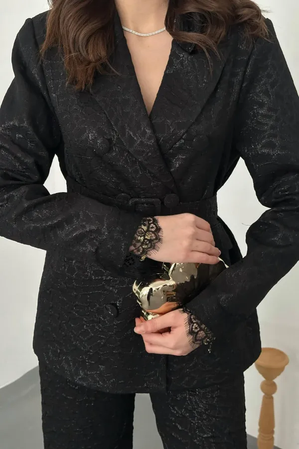 Toptan Siyah Kolları Dantelli Takım