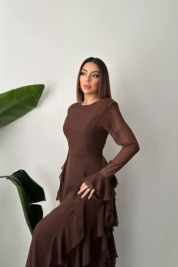 Toptan Kahverengi Volanlı Şifon Elbise