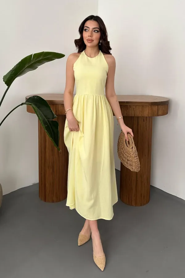 Toptan Sarı Arkası Gipeli Keten Elbise