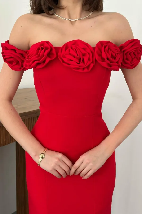 Toptan Kırmızı Madonna Yaka Güllü Elbise