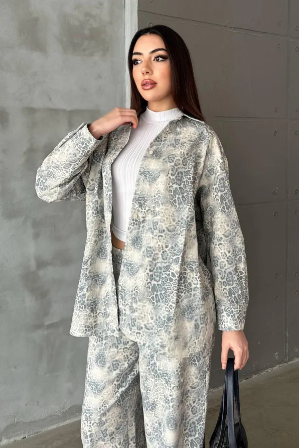 Ensemble veste et pantalon en lin gris à motif léopard en gros