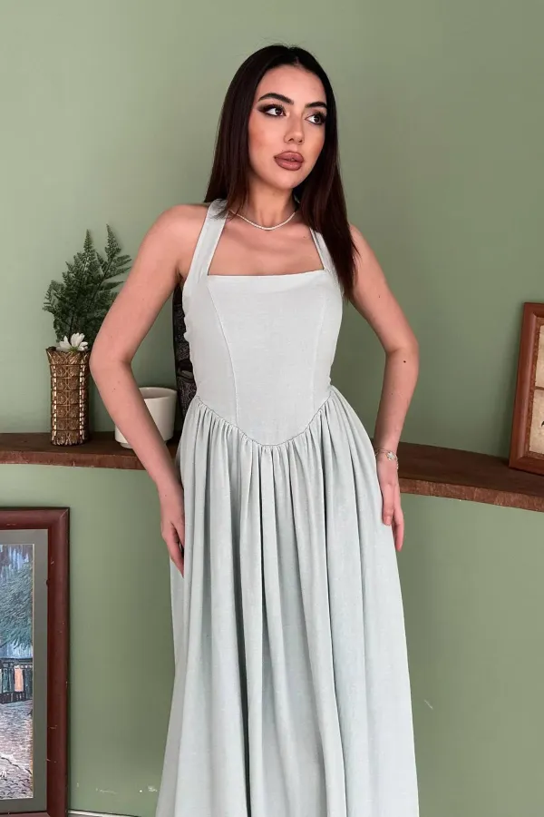 Toptan Mint Boyundan Bağlamalı Keten Elbise